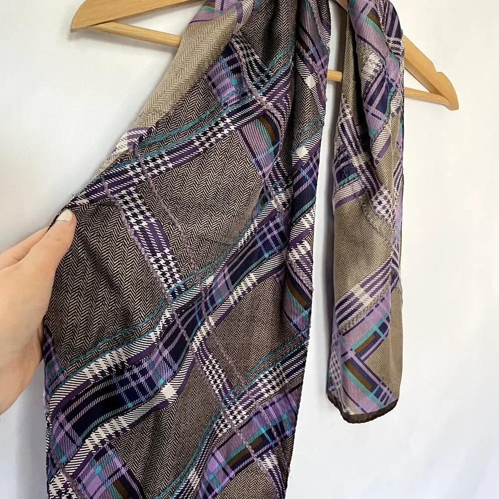Echo brown blue purple checkered vintage herringbone scarf lightweight‎